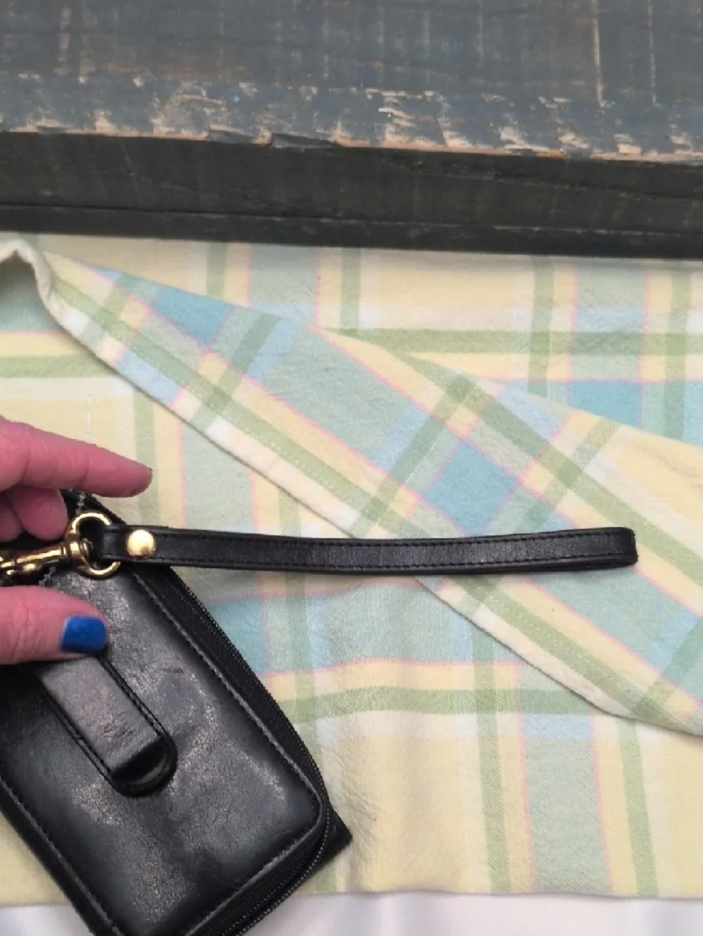 Brahmin Black Leather Wristlet Phone Case with Snap Closure